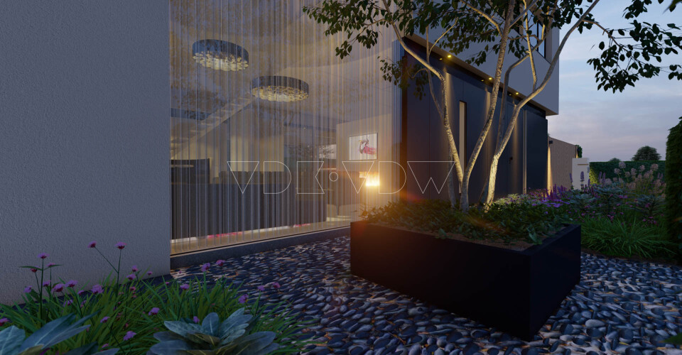 3D tuin ontwerper tegel grote overkapping lamellen lounge dining inrichting afstyling architect vr