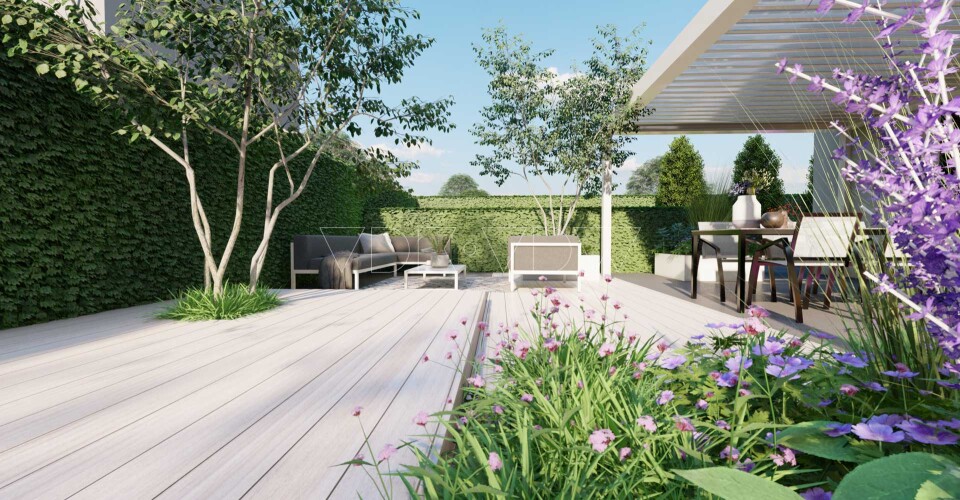 3D tuin ontwerper tegel grote overkapping lamellen lounge dining inrichting afstyling architect vr