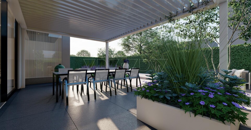 3D tuin ontwerper tegel grote overkapping lamellen lounge dining inrichting afstyling architect vr