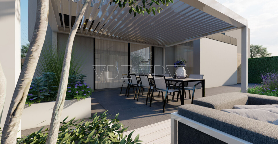 3D tuin ontwerper tegel grote overkapping lamellen lounge dining inrichting afstyling architect vr