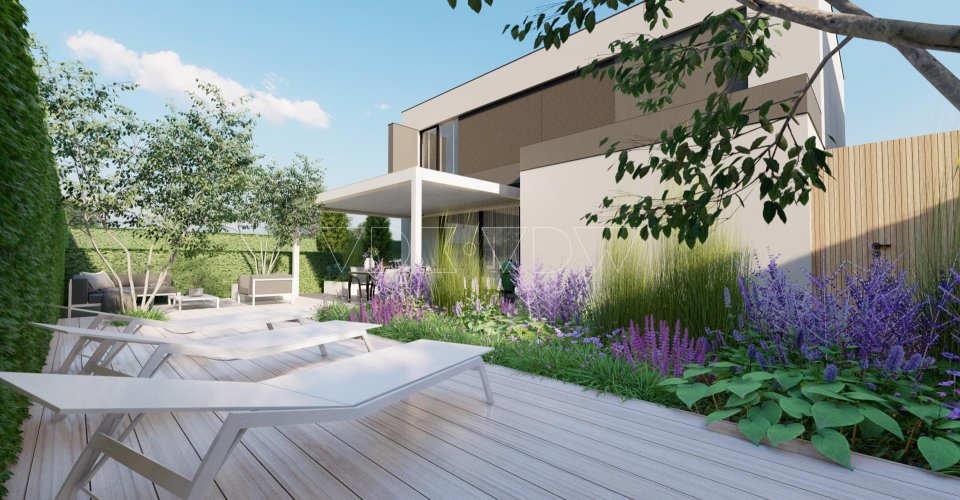 3D tuin ontwerper tegel grote overkapping lamellen lounge dining inrichting afstyling architect vr