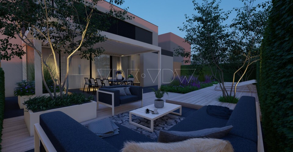 3D tuin ontwerper tegel grote overkapping lamellen lounge dining inrichting afstyling architect vr