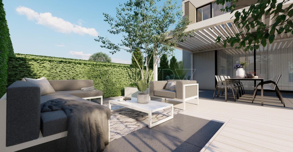 3D tuin ontwerper tegel grote overkapping lamellen lounge dining inrichting afstyling architect vr